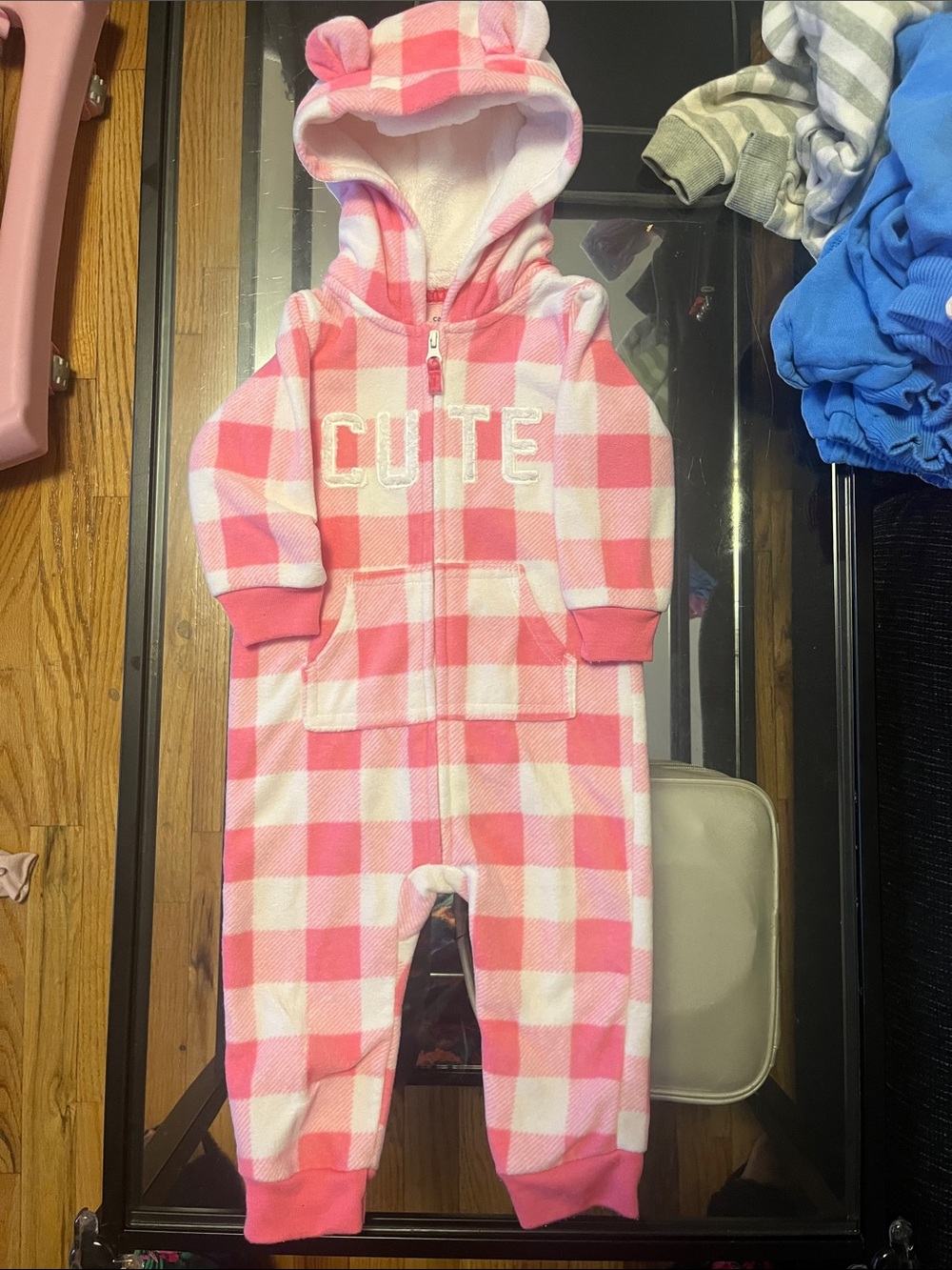 Carter's Pink and White Plaid Hooded One-Piece with 'CUTE' Applique